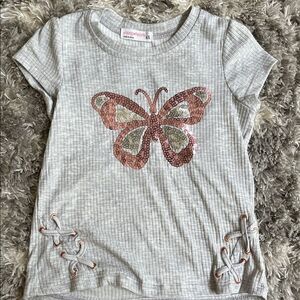 Gray Sequin Butterfly Tee with Lace-Up Sides